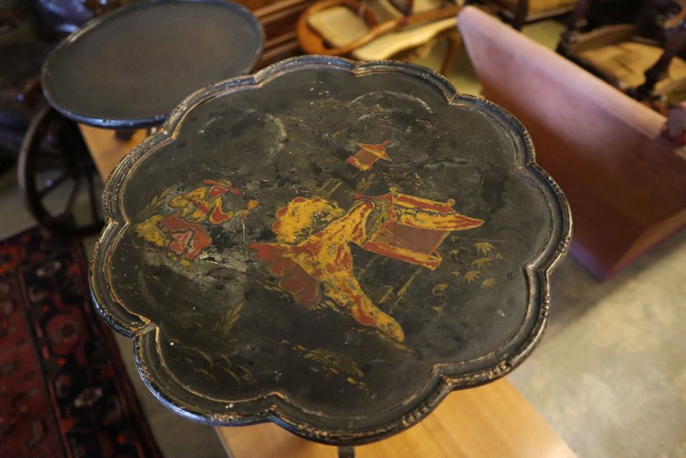 A 1920s chinoiserie lacquer tripod table, height 54cm and three others